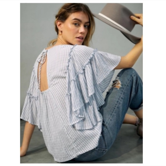 Anthropologie Pilcro Blue and White Stripes with Ruffle Sleeves Blouse - Picture 11 of 11